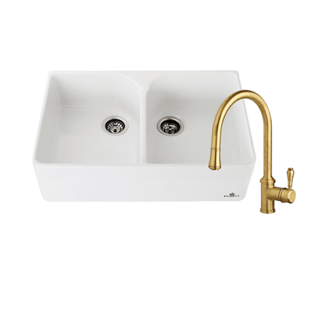 Abey Chambord Clotaire Package, Double Bowl Fireclay Sink, 800x500x220mm, White & Armando Vicario Provincial Pullout Mixer, Bronze, CLOTAIRE-2WTBR