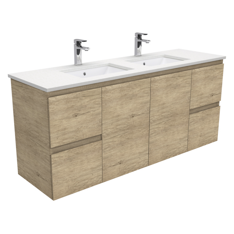 Fienza SC150SD Crystal Pure Undermount Stone Top, Edge Scandi Oak 1500mm (Double Basin) Wall Hung Vanity Unit - Special Order