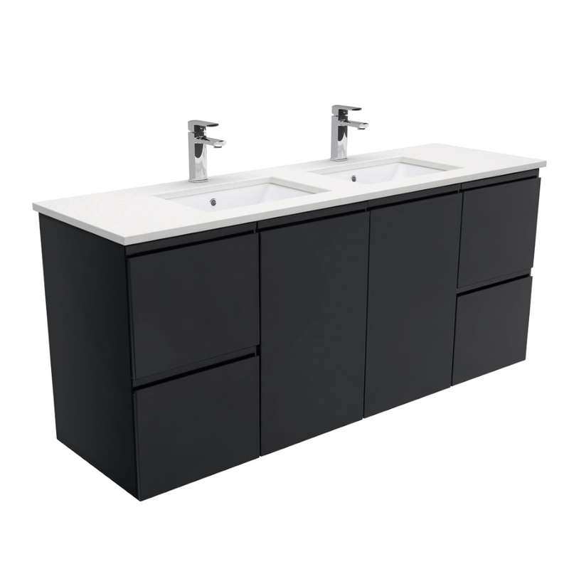 Fienza SC150ZBD Crystal Pure Undermount Stone Top, Fingerpull Satin Black 1500mm (Double Basin) Wall Hung Vanity Unit