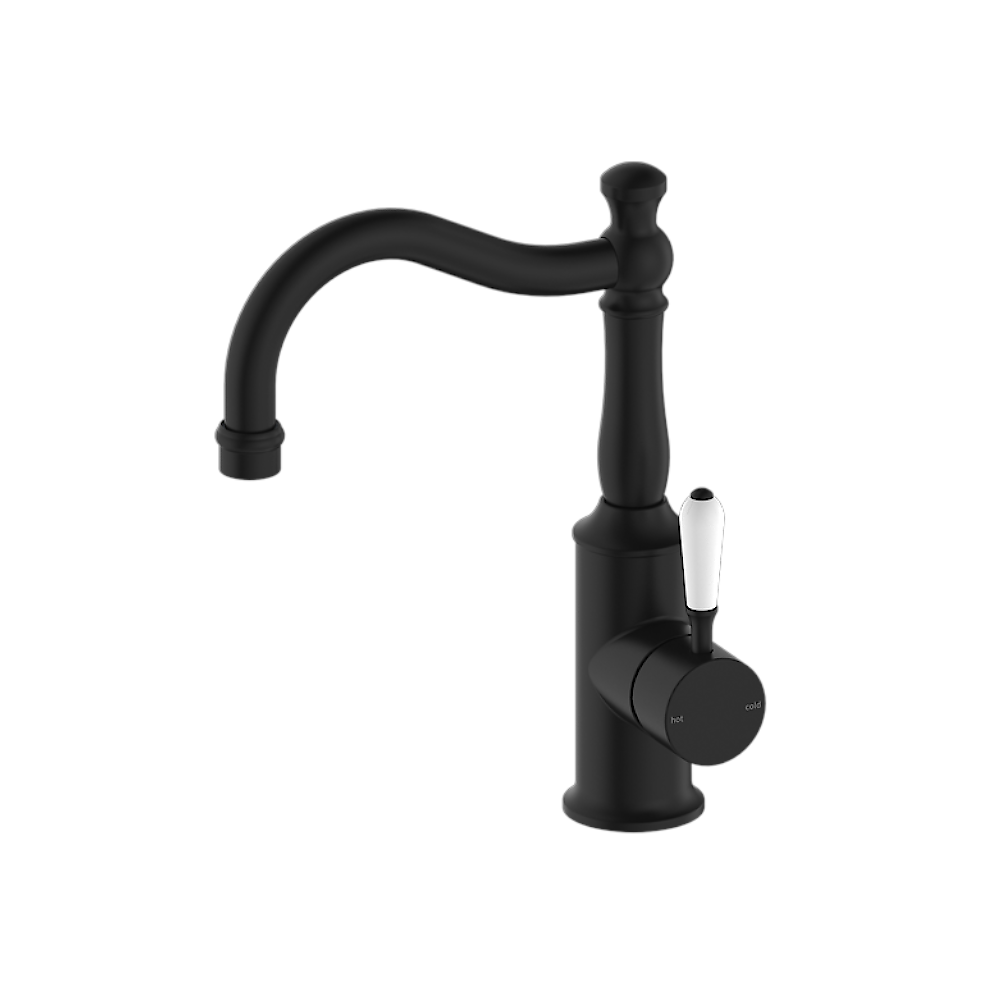 Nero York Tall Basin Mixer Hook Spout With White Porcelain Lever, Matte Black NR69210201MB