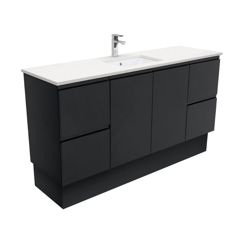 Fienza SC150ZBKS Crystal Pure Undermount Stone Top, Fingerpull Satin Black 1500mm (Single Basin) Vanity Unit with Kickboard - Special Order