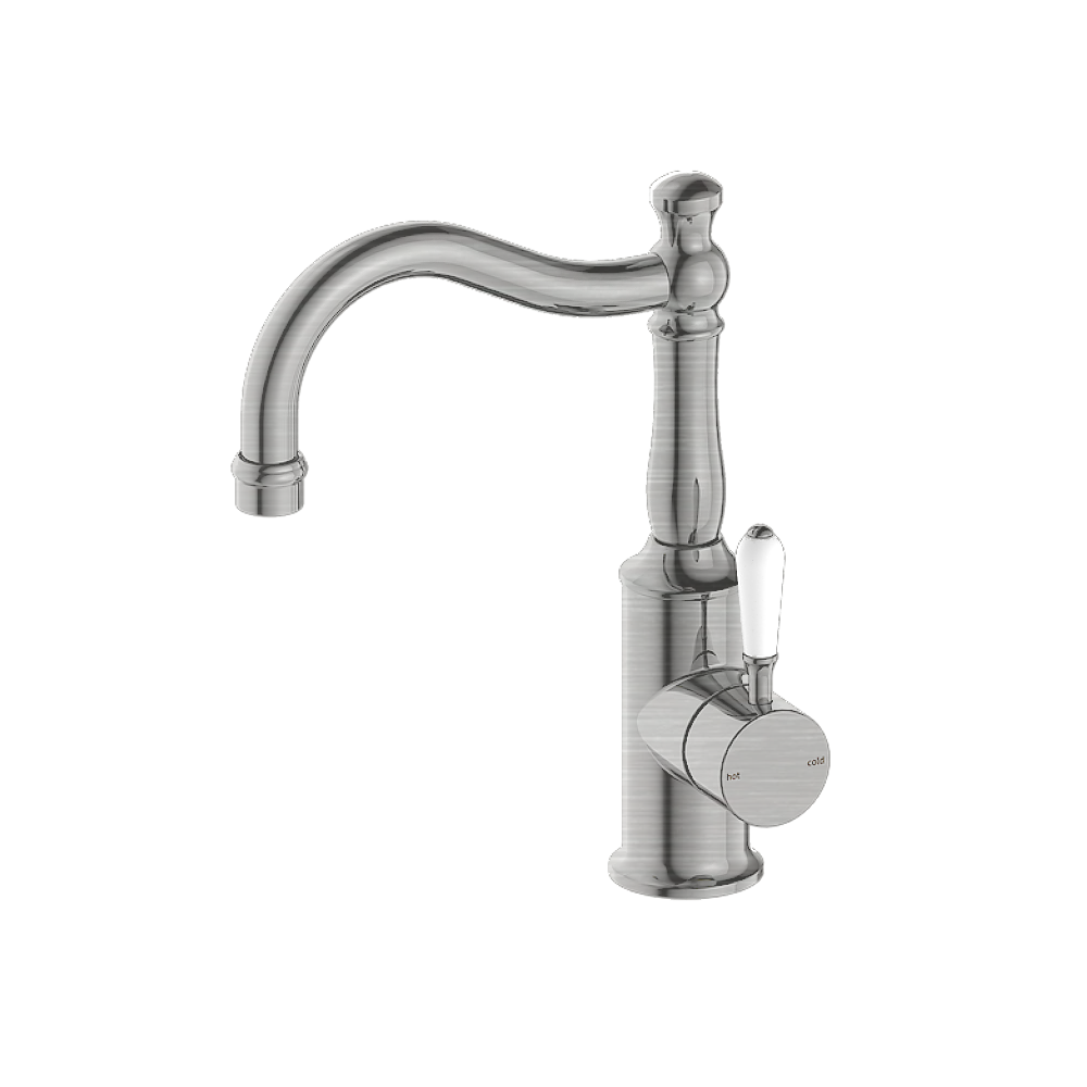 Nero York Tall Basin Mixer Hook Spout With White Porcelain Lever, Brushed Nickel NR69210201BN