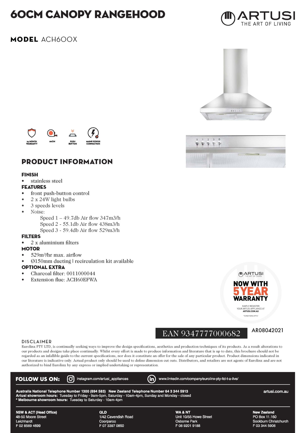 Artusi ACH600X 60cm Canopy Rangehood, Stainless Steel