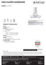 Artusi ACH600X 60cm Canopy Rangehood, Stainless Steel