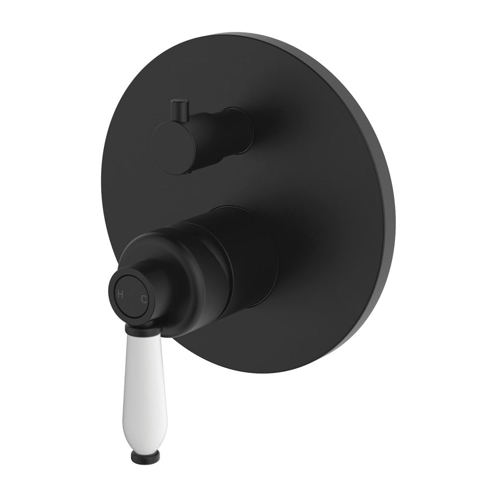 Fienza 202102BK Eleanor Wall Shower Mixer Diverter Matte Black with White Ceramic Handle