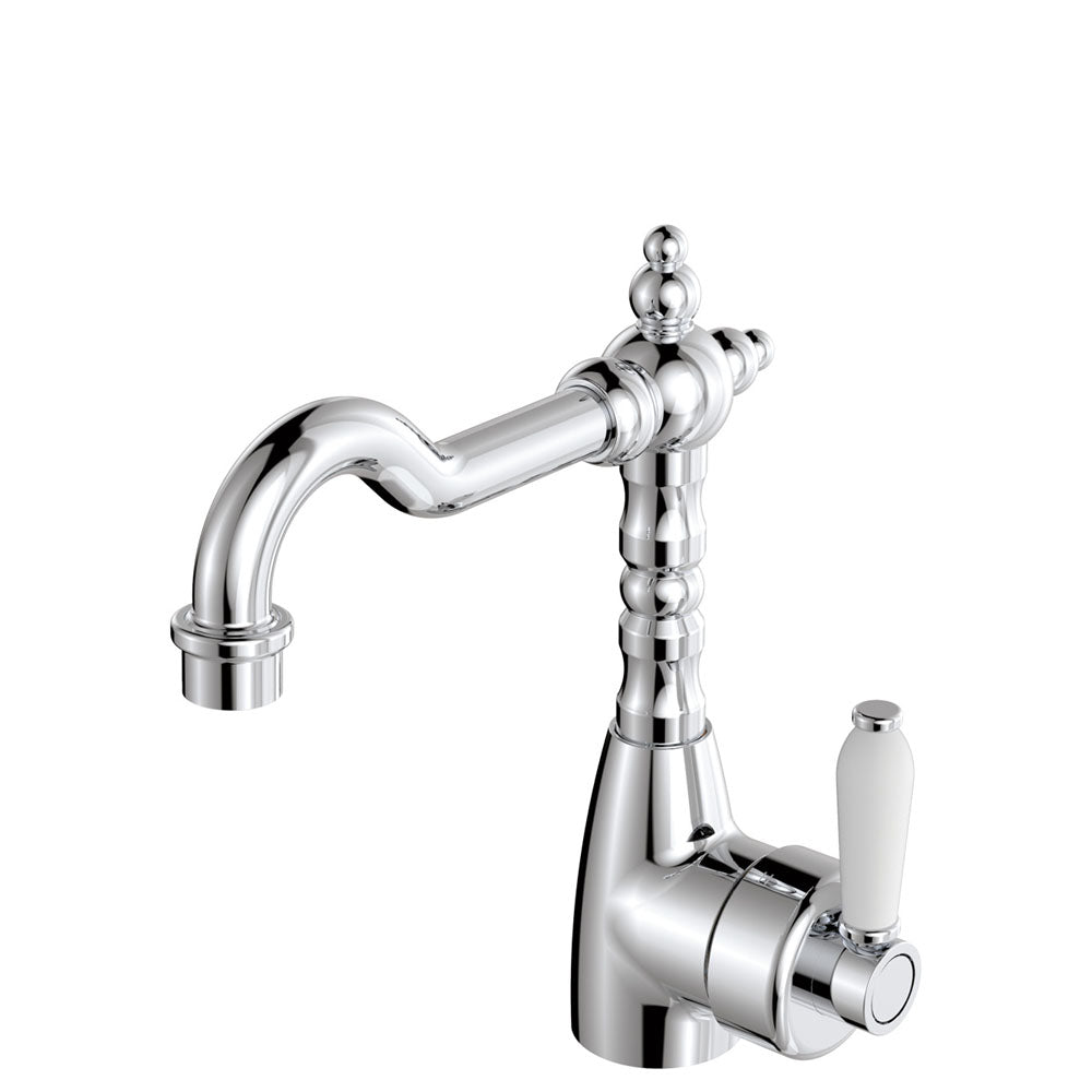 Fienza Eleanor 202103 Shepherds Crook Chrome Mixer With White Ceramic Handle Basin Mixers