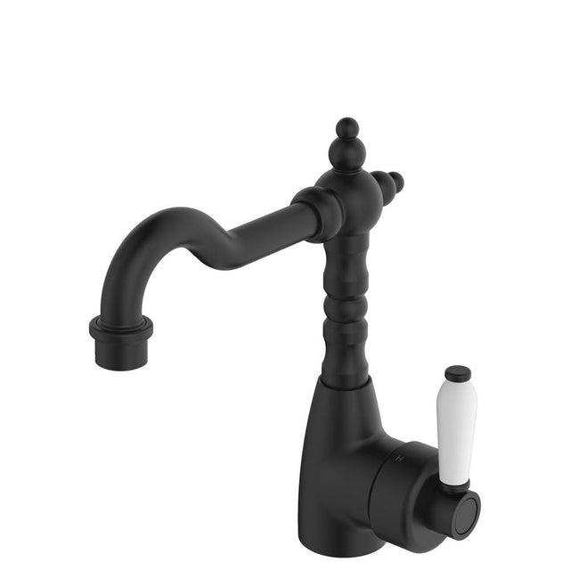 Fienza Eleanor 202103Bk Shepherds Crook Matte Black Mixer With White Ceramic Handle Basin Mixers