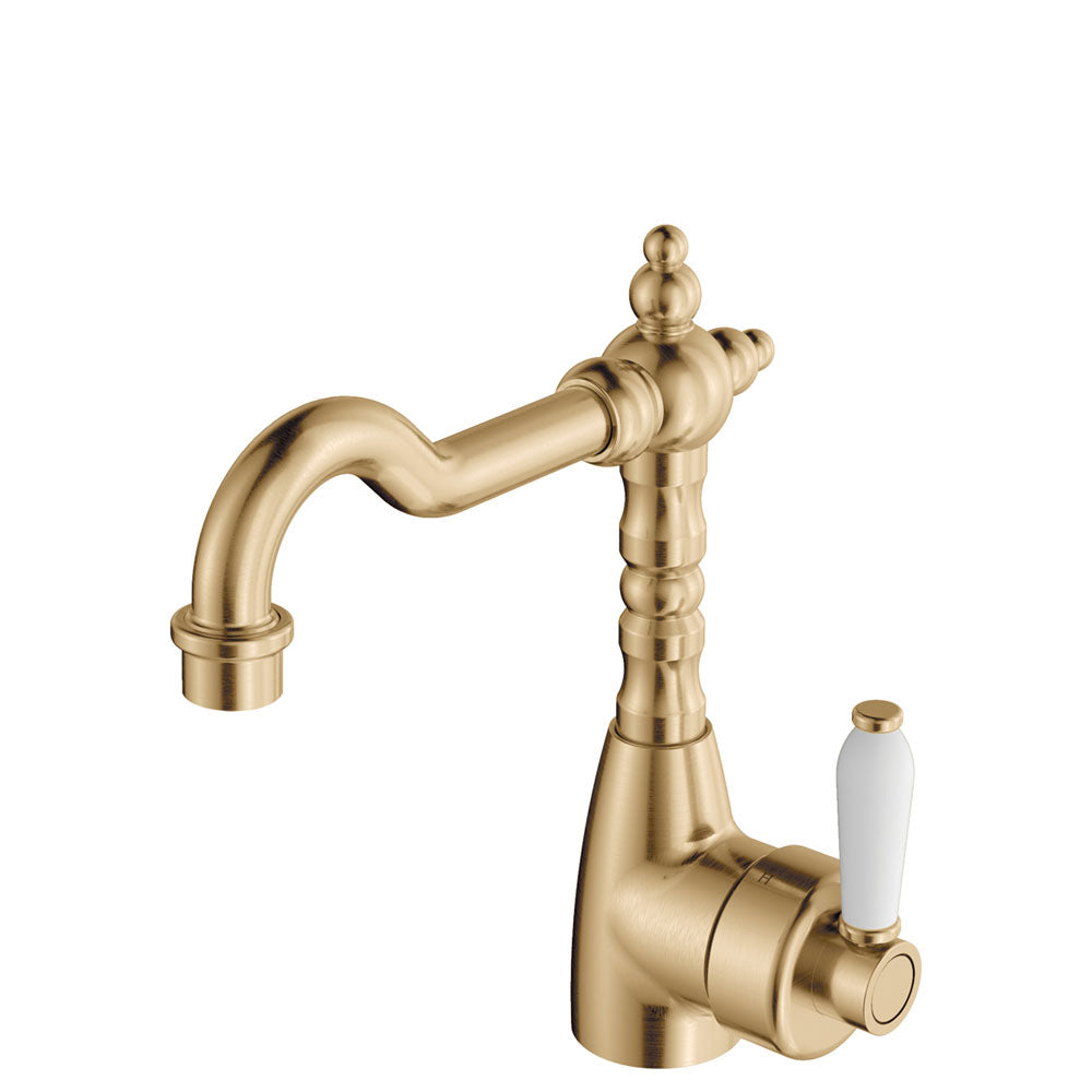 Fienza Eleanor 202103Ub Shepherds Crook Urban Brass Mixer With White Ceramic Handle Basin Mixers