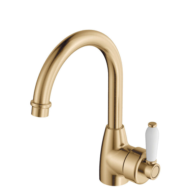 Fienza Eleanor 202104Ub Gooseneck Urban Brass Mixer With White Ceramic Handle Basin Mixers