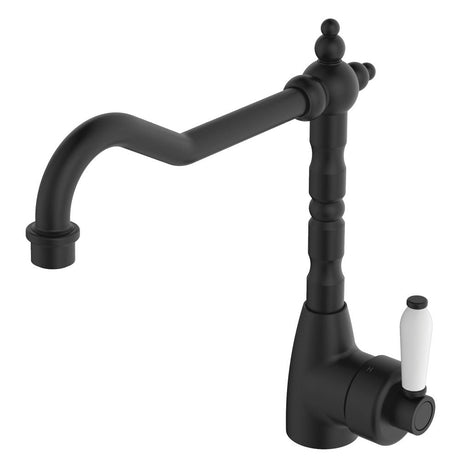 Fienza Eleanor 202105Bk Shepherds Crook Matte Black Sink Mixer With White Ceramic Handle Kitchen