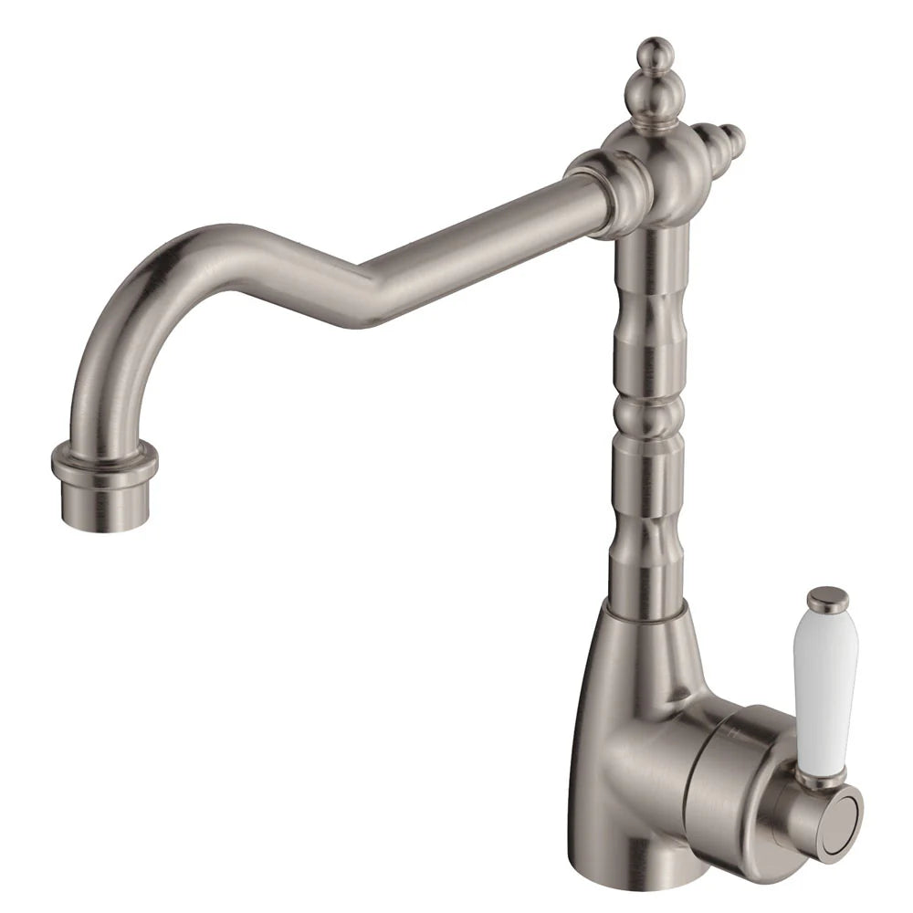 Fienza Eleanor 202105BN-LF Shepherds Crook Brushed Nickel Sink Mixer with White Ceramic Handle