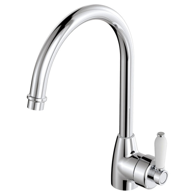 Fienza Eleanor 202109 Chrome Gooseneck Mixer With White Ceramic Handle Kitchen Taps