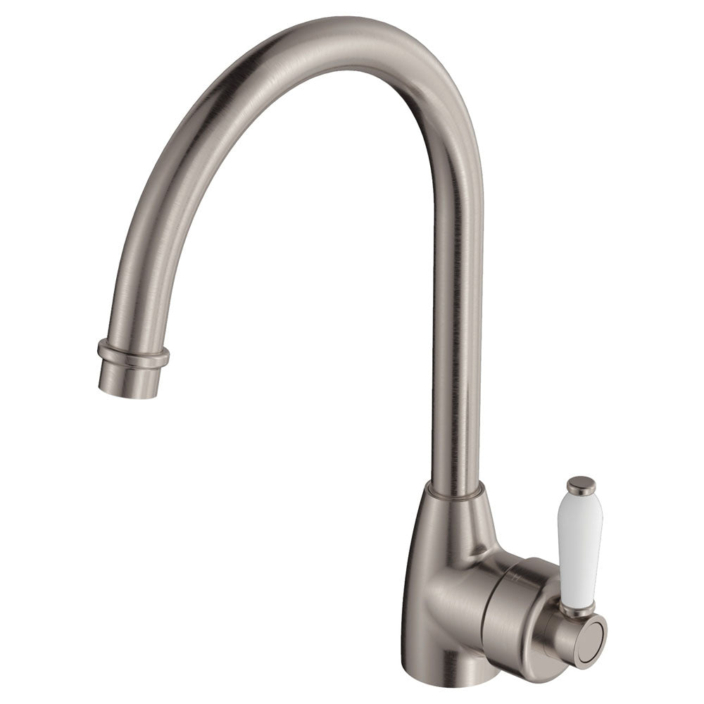 Fienza Eleanor 202109Bn Brushed Nickel Gooseneck Mixer With White Ceramic Handle Kitchen Taps