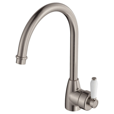 Fienza Eleanor 202109Bn Brushed Nickel Gooseneck Mixer With White Ceramic Handle Kitchen Taps