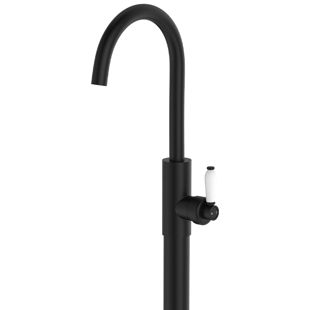 Fienza 202112BK-LF Eleanor Floor Mounted Basin/Bath Mixer, White Handle, Lead Free, Matte Black