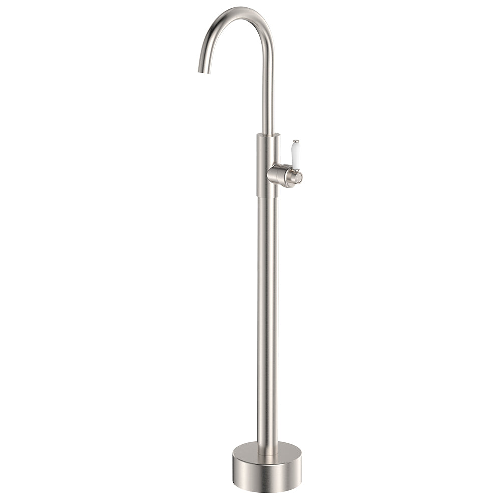 Fienza 202112BN-LF Eleanor Floor Mounted Basin/Bath Mixer, White Handle, Lead Free, Brushed Nickel