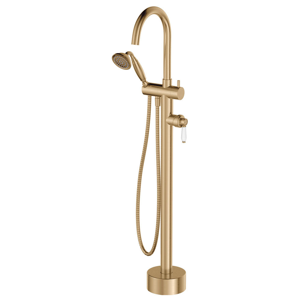 Fienza 202113UB Eleanor Urban Brass Floor Mounted Bath Mixer with Handle Shower with White Ceramic Handle