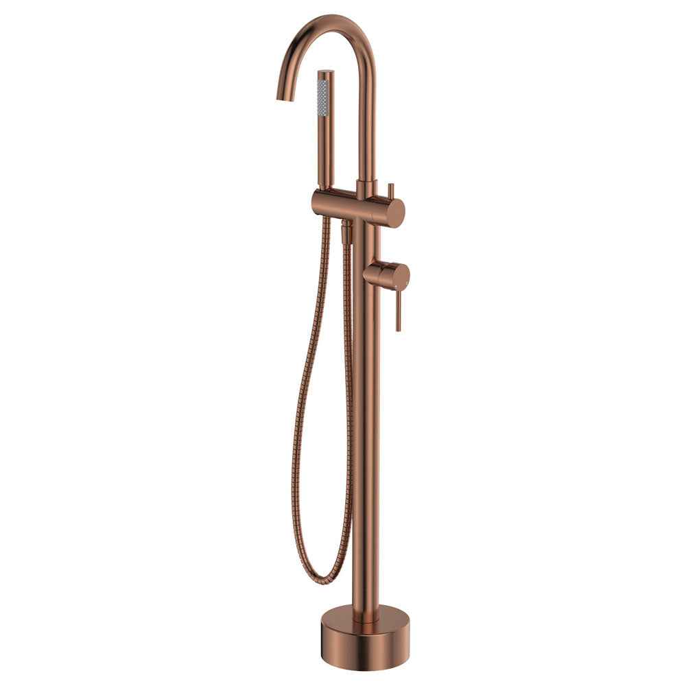 Fienza 213113CO Kaya Floor Mounted Bath Mixer With Hand Shower, Brushed Copper