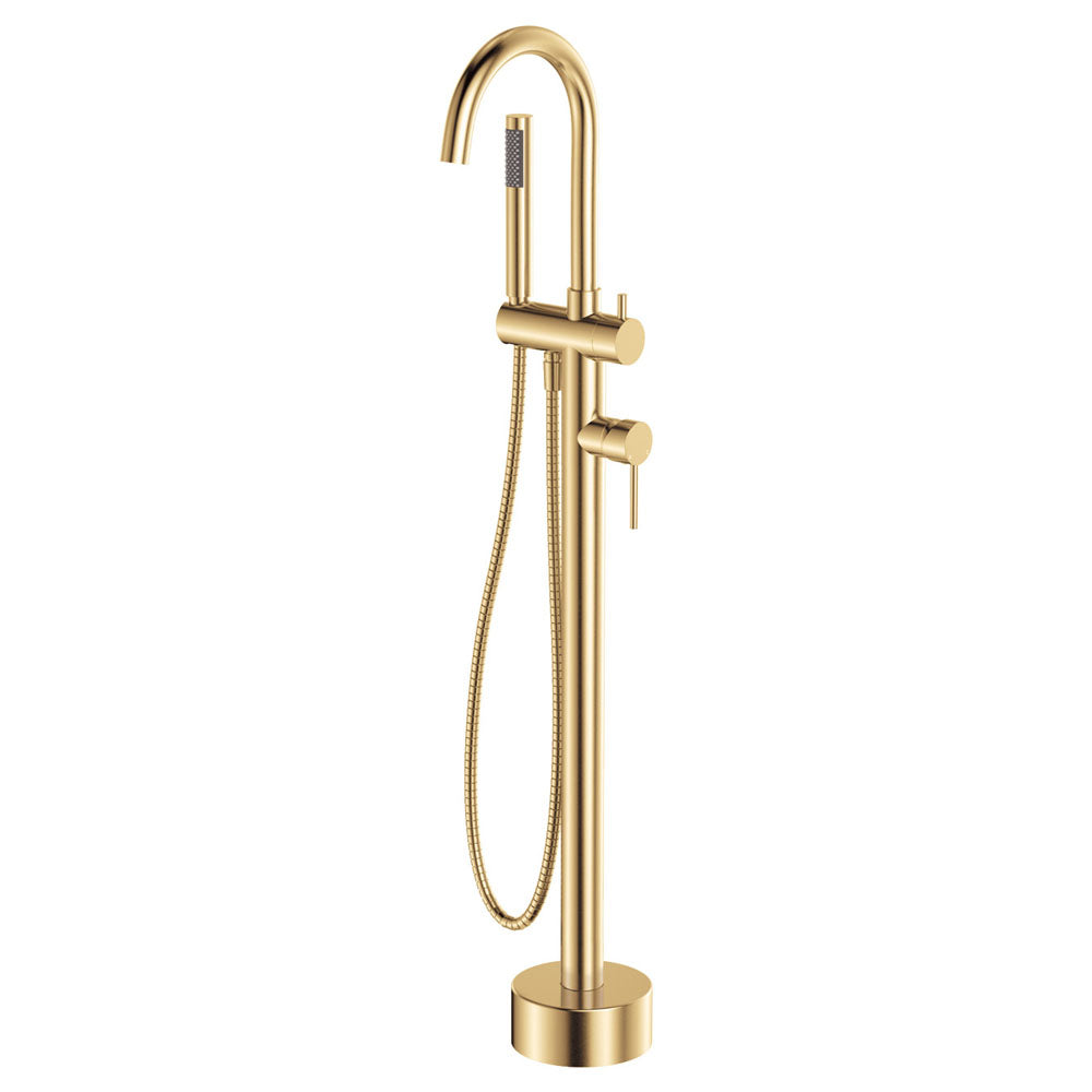 Fienza 213113UB Kaya Floor Mounted Bath Mixer With Hand Shower, Urban Brass