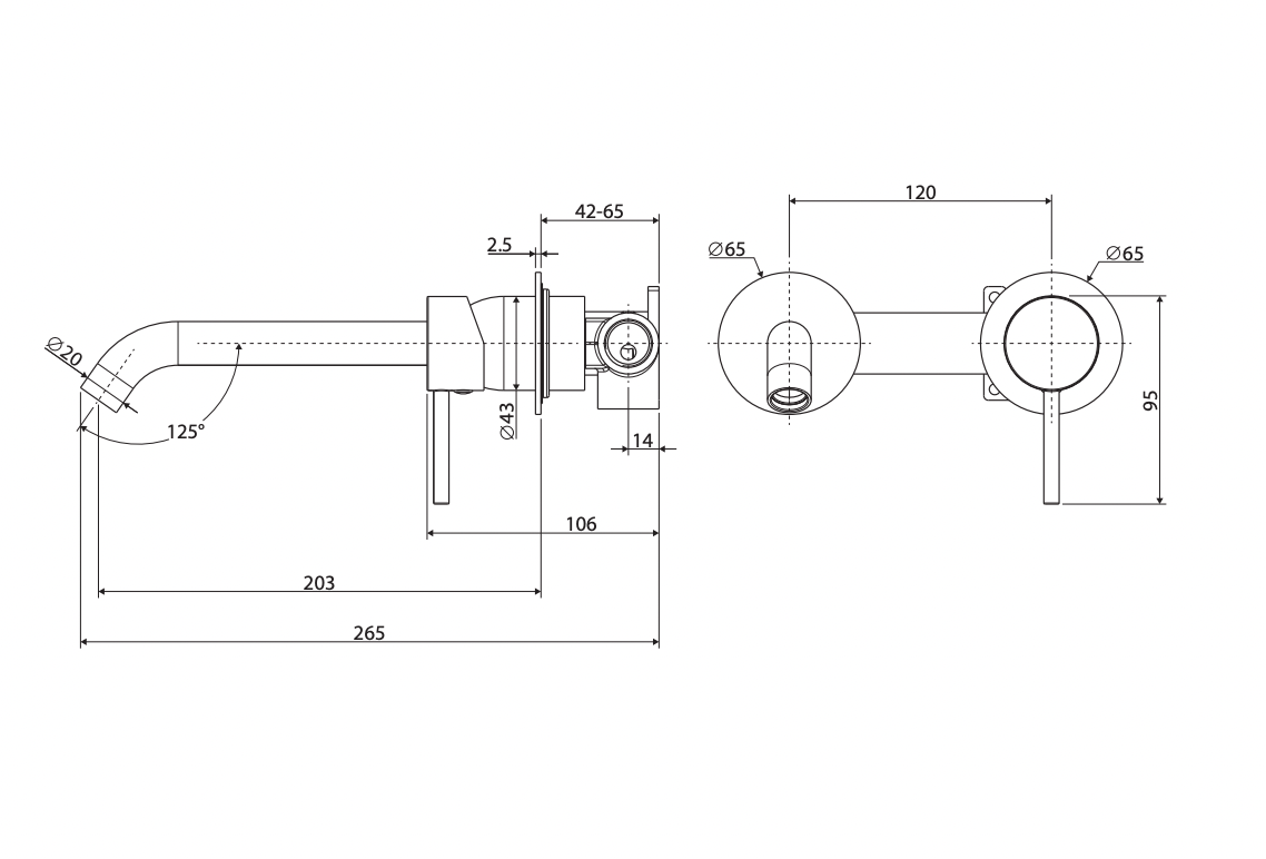 Fienza 228104UB-200-LF Kaya Wall Basin/Bath Mixer Set, Urban Brass, Round Plates, 200mm Outlet