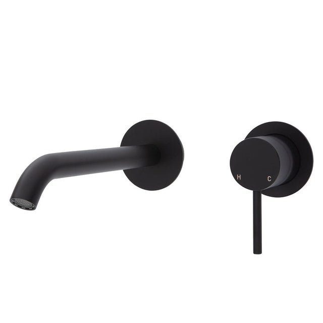 Fienza Kaya Wall Basin/Bath Mixer Set Matte Black Round Plates 200Mm Outlet 228104B-200 Bathroom