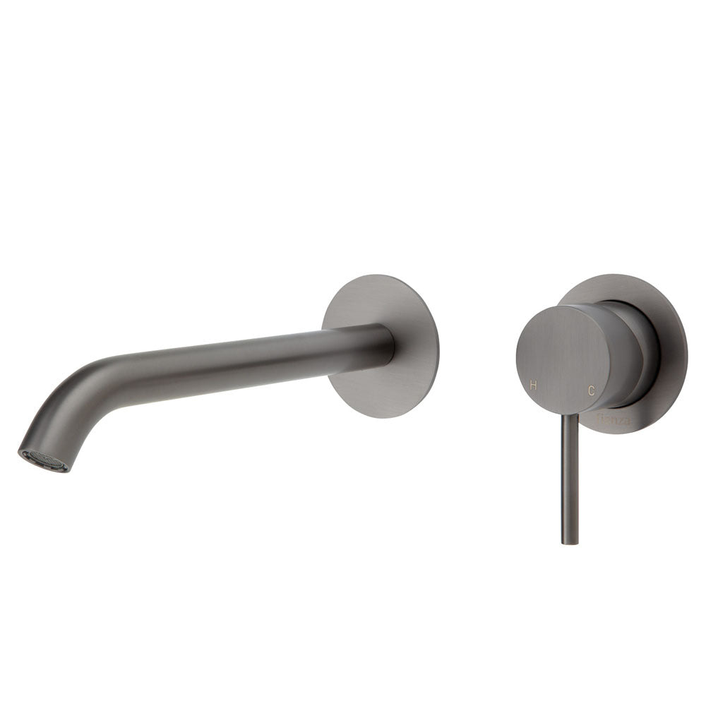 Fienza Kaya Wall Basin/Bath Mixer Set Gun Metal Round Plates 200Mm Outlet 228104Gm-200 Bathroom