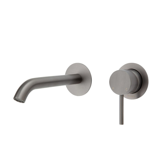 Fienza Kaya Wall Basin/Bath Mixer Set Gun Metal Round Plates 160Mm Outlet 228104Gm Bathroom Mixers