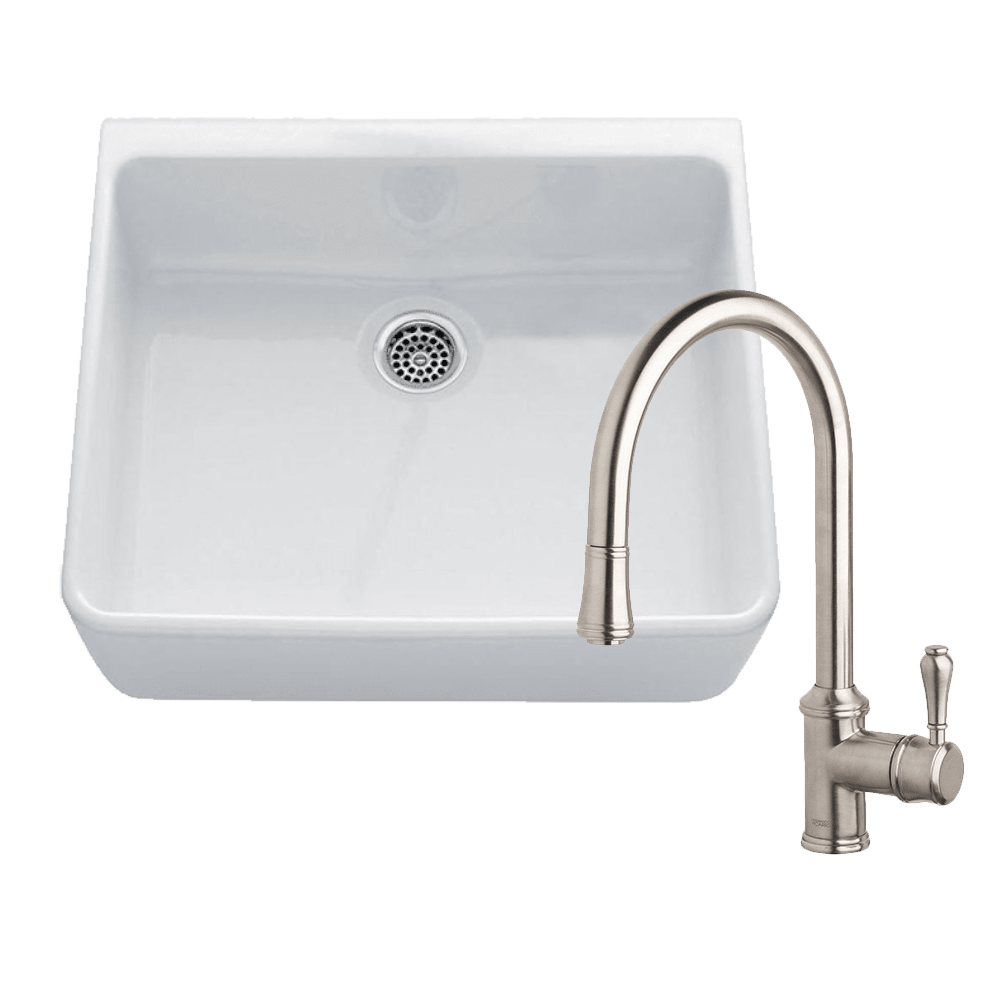 Abey Chambord Clotaire Package, Single Bowl Fireclay Sink 500x500x200mm, White & Armando Vicario Provincial Mixer, Brushed Nickel, CLOTAIRE-1WTBN