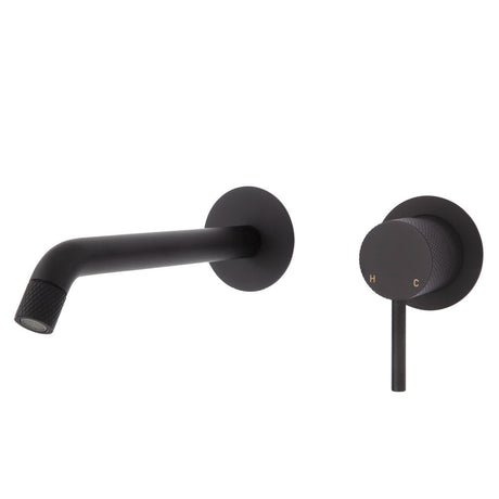 Fienza Axle Wall Basin/Bath Mixer Set Matte Black Small Round Plates 200Mm Outlet 231104B-200