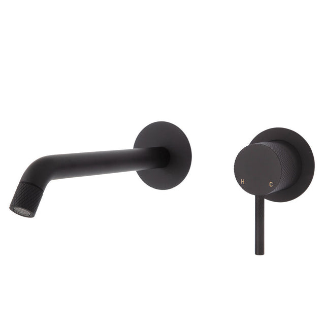 Fienza Axle Wall Basin/Bath Mixer Set Matte Black Small Round Plates 200Mm Outlet 231104B-200
