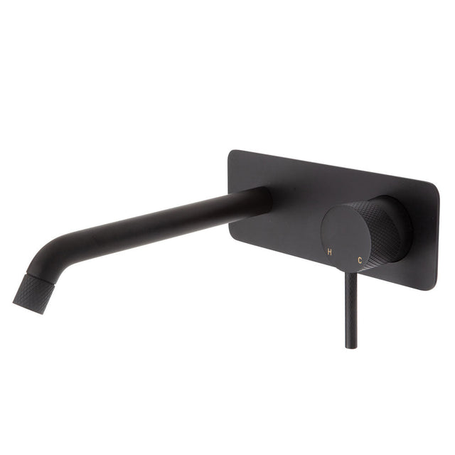Fienza Axle Wall Basin/Bath Mixer Set Matte Black Soft Square Plate 200Mm Outlet 231106B-200