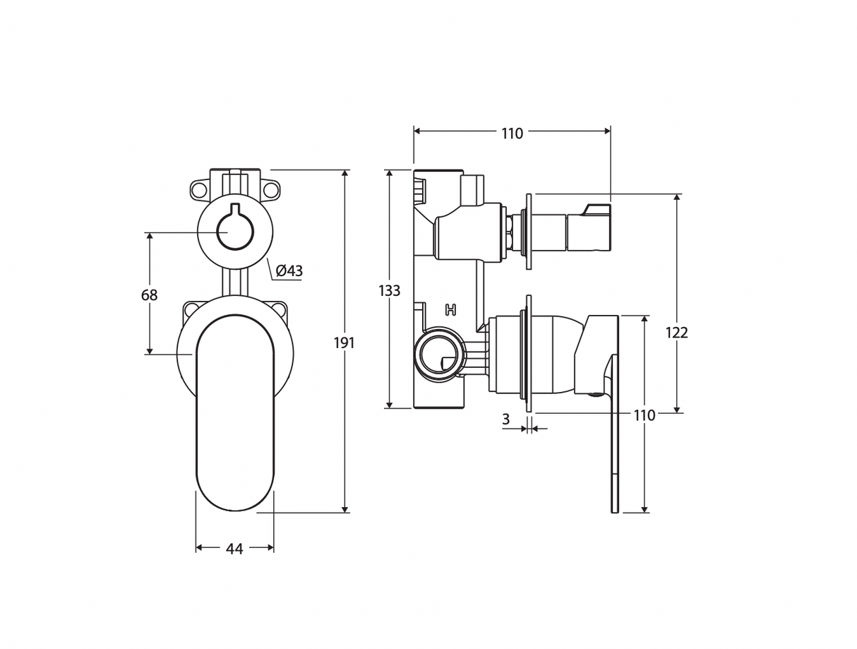 Fienza 234102B-4-LF Empire Slim Wall Diverter Mixer, Small Round Plates, Vertical, Lead Free, Matte Black