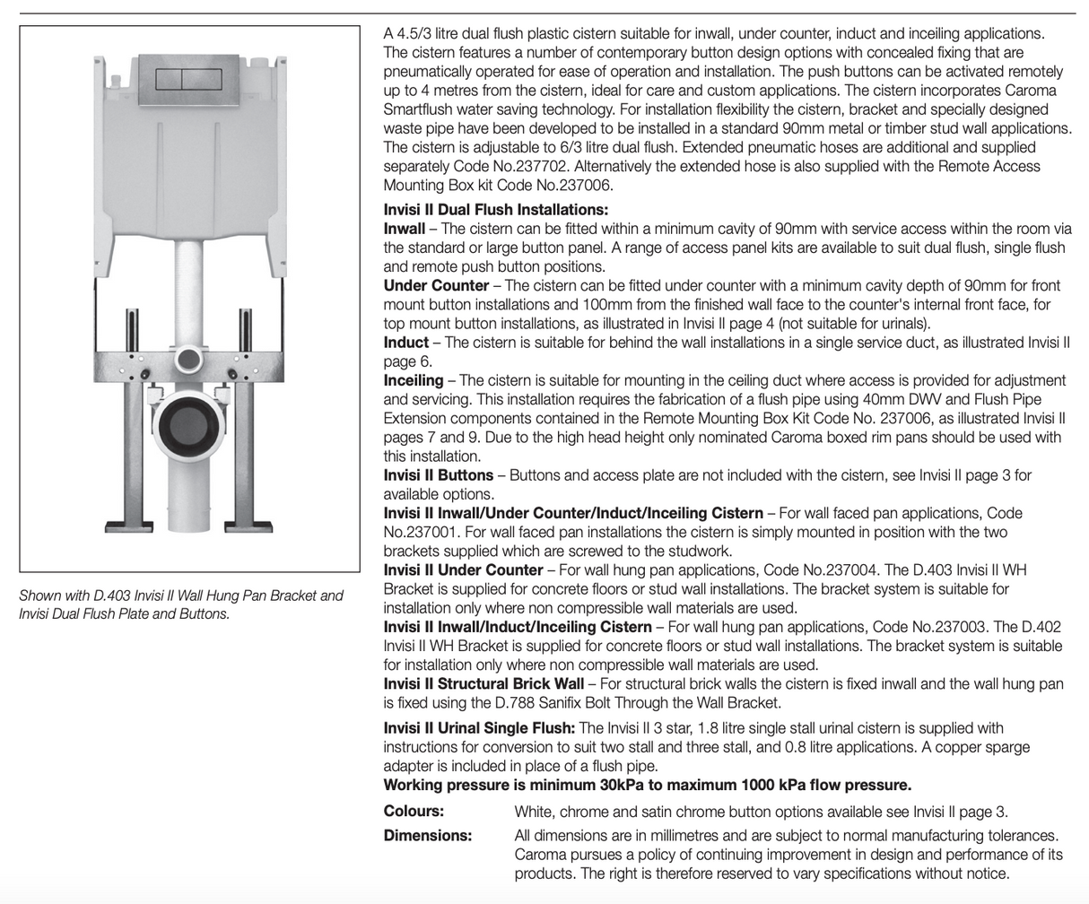 Caroma 237002 Invisi Series II® Cistern - Induct/Inwall/Inceiling - Urinals - Single Flush