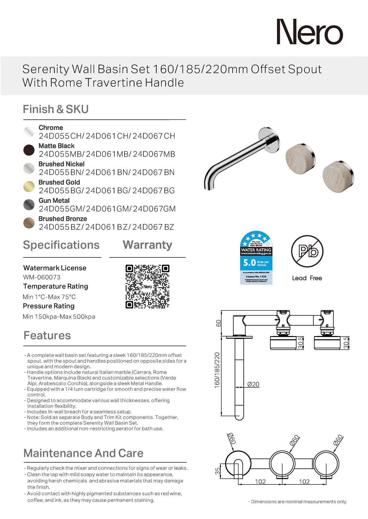 Nero Serenity Wall Basin Set 220mm Offset Spout w/ Rome Travertine Handle Chrome 24D067CH