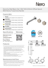Nero Serenity Wall Basin Set 220mm Offset Spout w/ Rome Travertine Handle Chrome 24D067CH