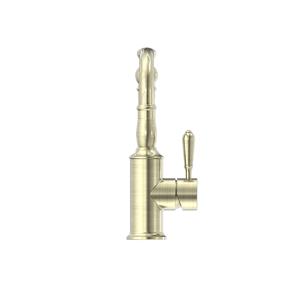 Nero York Tall Basin Mixer Hook Spout With Metal Lever, Aged Brass NR69210202AB