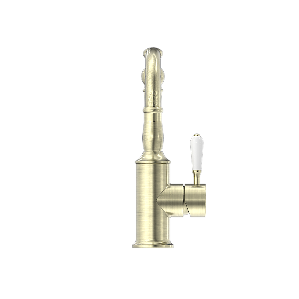Nero York Tall Basin Mixer Hook Spout With White Porcelain Lever, Aged Brass NR69210201AB