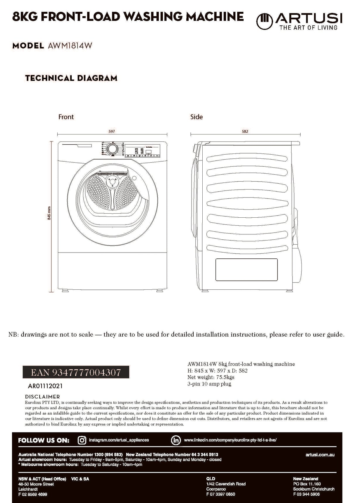 Artusi AWM1814W 8kg Front Load Washing Machine, White