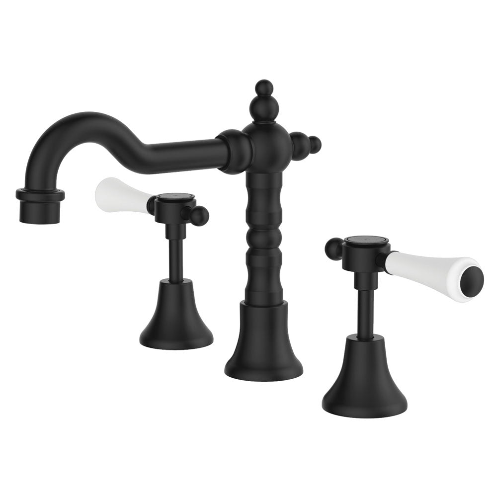 Fienza 339101BK-LF Lillian Shepherds Crook Lever Basin Set, Matte Black with Ceramic White Handle