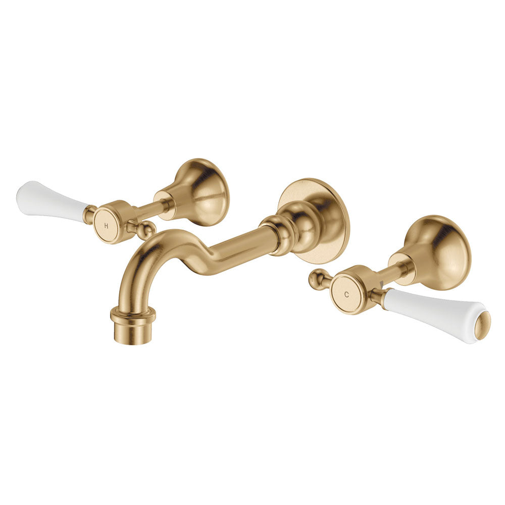Fienza Lillian Lever Basin Bath Wall Set - Urban Brass with Ceramic White Handles Tapware 3 Piece