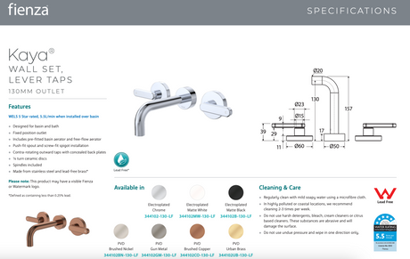 Fienza 344102MW-130-LF Kaya Wall Set Lever Taps 130mm Matte White