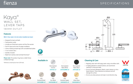 Fienza 344102BN-LF Kaya Wall Set Lever Taps 180mm Brushed Nickel