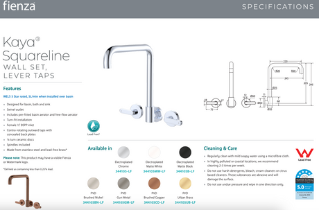 Fienza 344105-LF Kaya Squareline Wall Set Lever Taps Chrome
