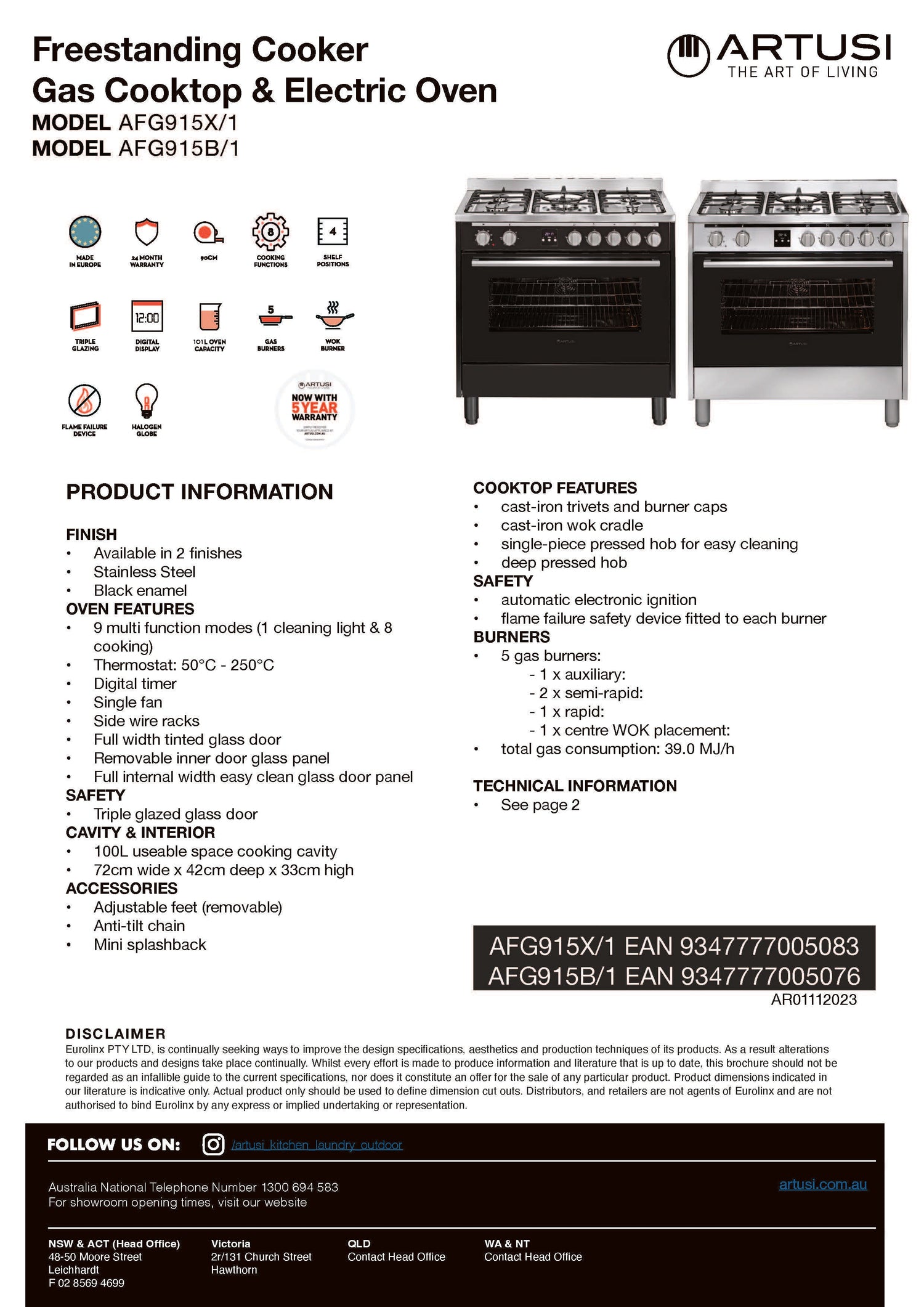 Artusi AFG915B/1 90cm Freestanding Dual Fuel Stove, Matte Black