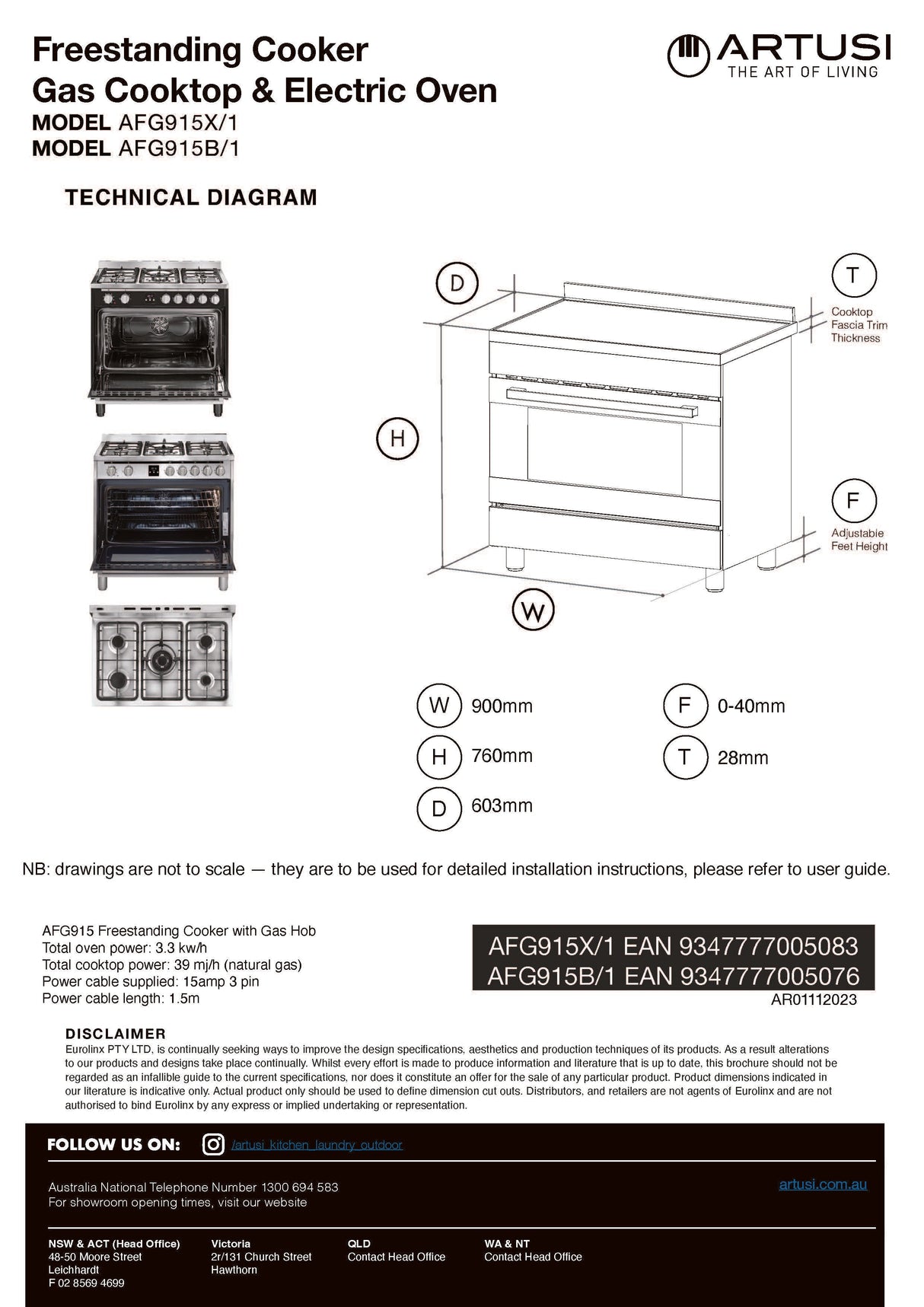 Artusi AFG915B/1 90cm Freestanding Dual Fuel Stove, Matte Black