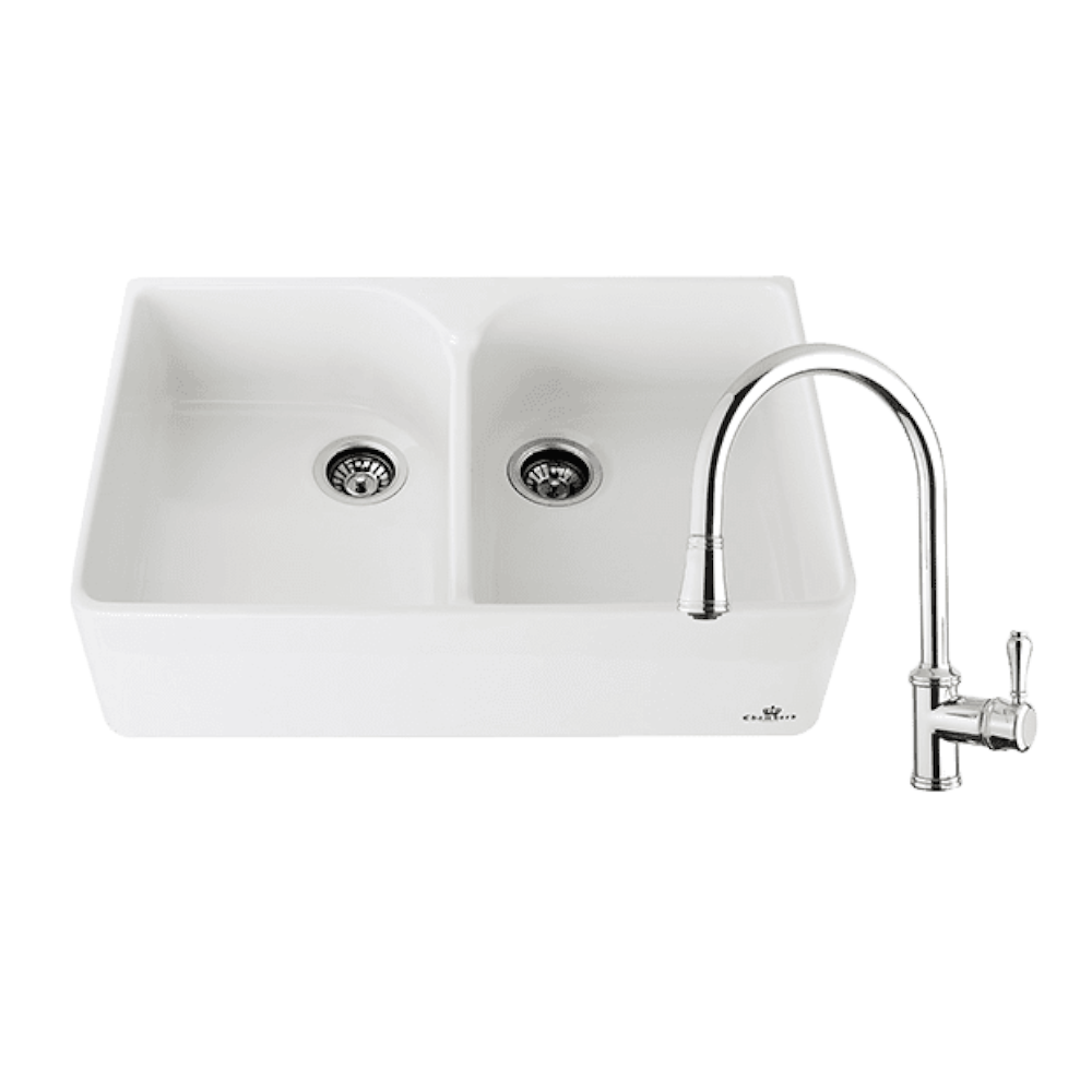 Abey Chambord Clotaire Package, Double Bowl Fireclay Sink, 800x500x220mm, White & Armando Vicario Provincial Pullout Mixer, Chrome, CLOTAIRE-2WT