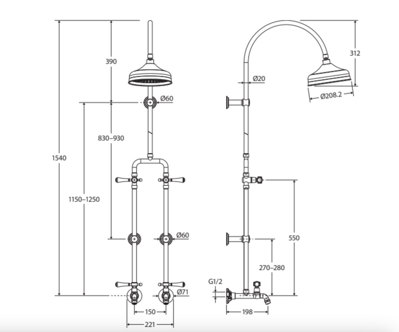 Fienza 455123BL Lillian Lever Exposed Rail Shower & Bath Set, Matte Black