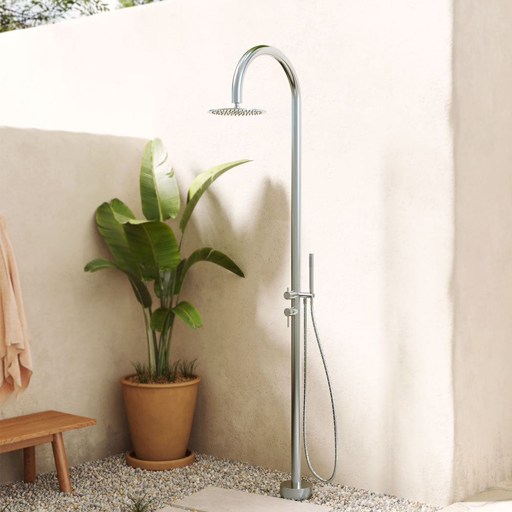 Fienza Kaya 455190 Floor Mounted Outdoor Twin Shower, 316 Brushed Stainless Steel