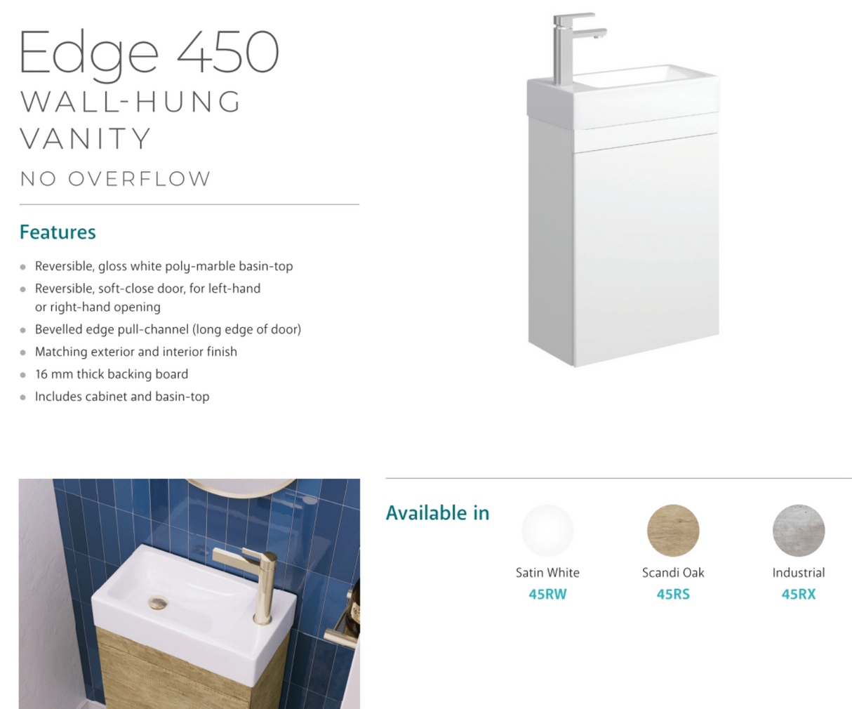 Fienza Edge 45Rs Scandi Oak Wall Hung 450Mm Vanity No Overflow - Special Order Units