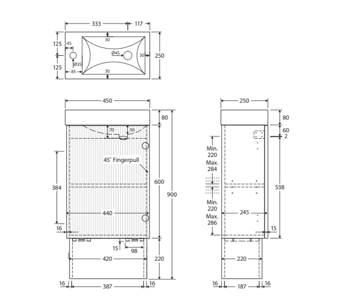 Fienza 45USK Minka 450 Vanity on Kickboard, No Overflow, Scandi Oak